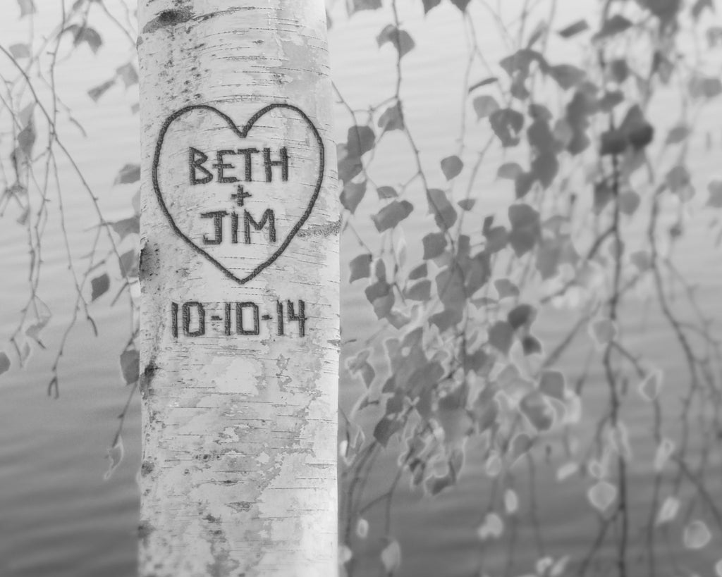 black and white image personalized birch tree